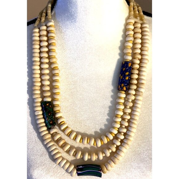 Vintage Venetian African Trade Bead Necklace Glass Carved Bone Layers Millefiori - Picture 10 of 12